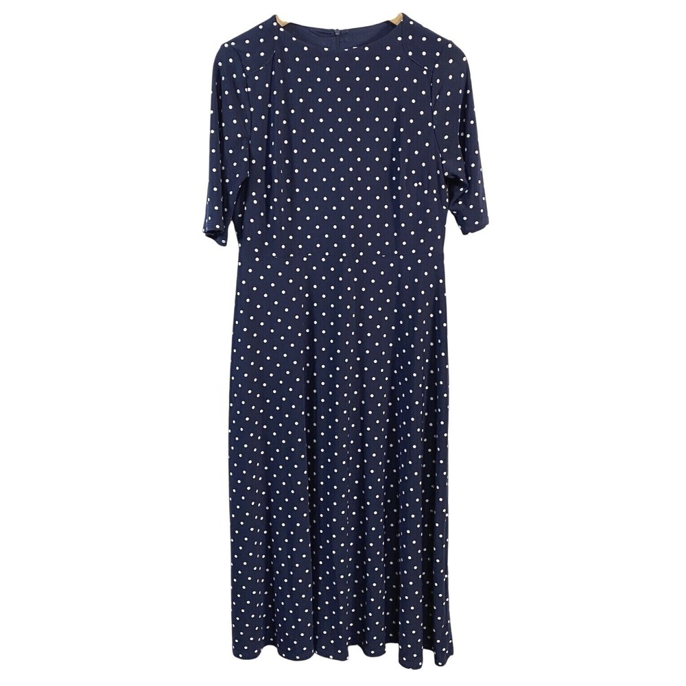 Anne Klein Womens Polka Dot Midi Dress sz 6 Blue Modest Classic Stretch Timeless